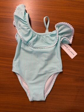 Janie and Jack Mint and White Striped Ruffle One-Piece Swimsuit